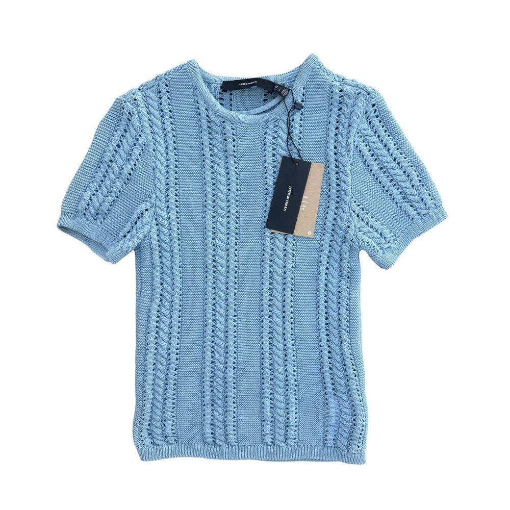 Vero Moda Nora Sweater Top S NWT Blue Cable Knit Short Sleeve VMNORA SS